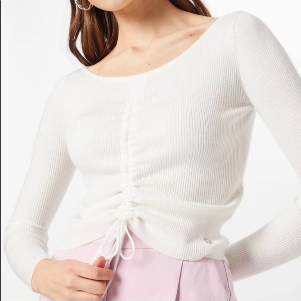 New Guess Sheryl Ruched Ribbed Tied Sweater in Cream White Size Medium